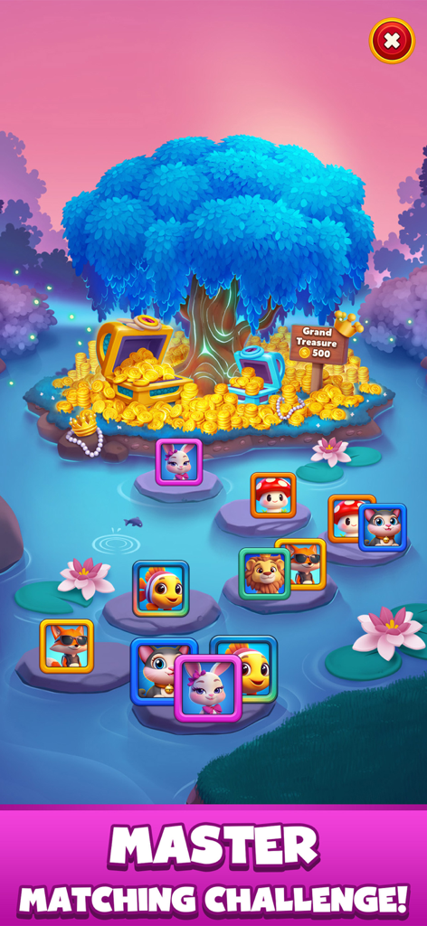 Goodwill Tiles: Match & Rescue - A magical scene with a blue glowing tree, chests of gold coins, and colorful animal character tiles floating on a pond.