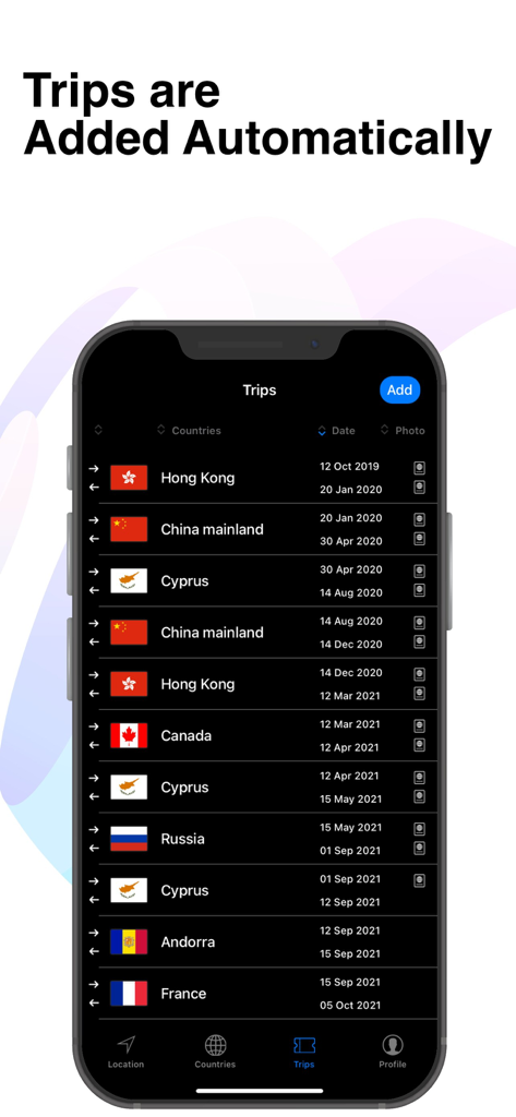 Tax Resident - Days Tracker - Mobile app interface showing a list of international trips with country flags and travel dates for tax compliance.