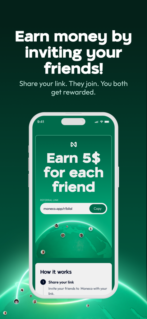 Moneco App-Bildschirm mit einem Empfehlungsprogramm, bei dem fünf Dollar für die Einladung von Freunden verdient werden