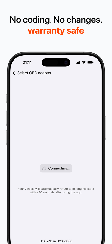 BimmerLight app interface showing a smartphone connecting to an OBD adapter with a warranty safe message