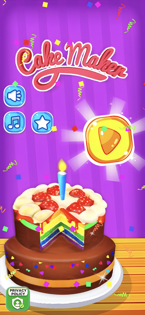 Cake Maker Game - Main menu screen of the Cake Maker Game featuring a tiered rainbow chocolate cake with strawberries and a yellow play button