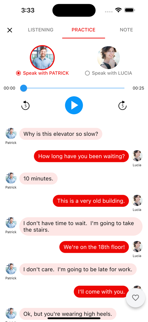 English Speaking: SpeakFluent - SpeakFluentアプリのインタラクティブな英語会話練習画面。2人のキャラクター間の会話が表示されています。