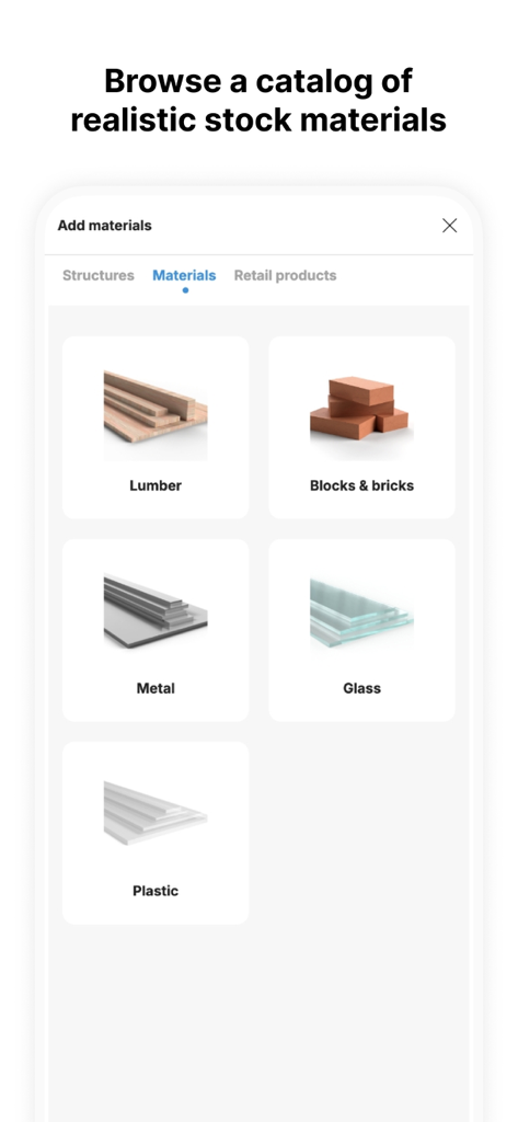 A menu in the MakeByMe app showing a catalog of realistic stock materials including lumber, metal, and glass for 3D furniture design