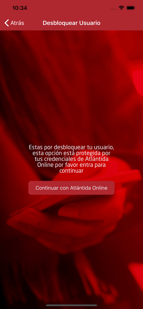 Atlántida Token - Screen showing the unlock user process in the Atlántida Token app