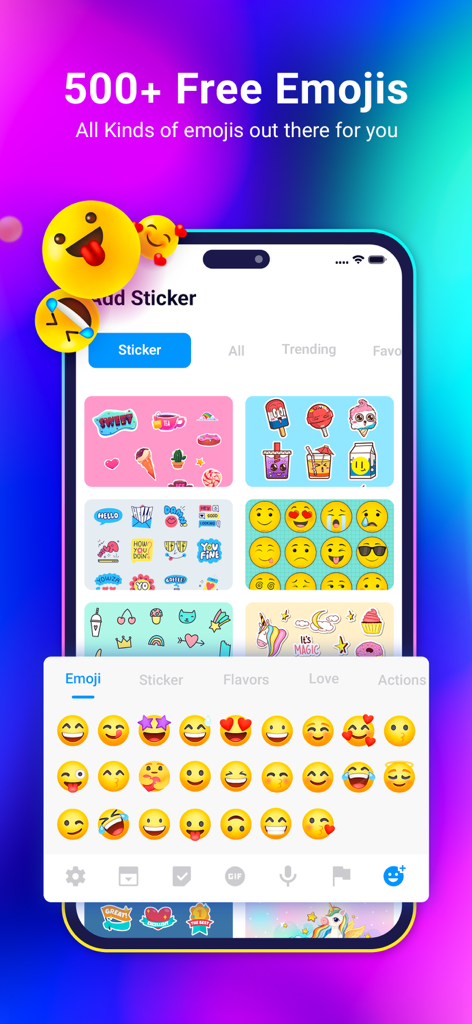 Neon Love Theme - Selection screen for free emojis and stickers in the Photo Keyboard app