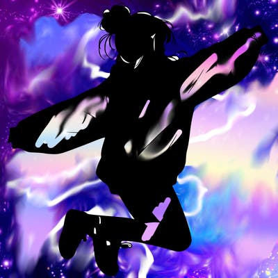 realistic girl jumping with a bun and oversized sweatshirt