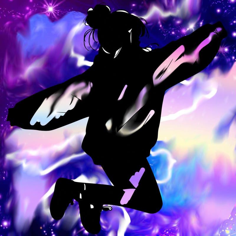 realistic girl jumping with a bun and oversized sweatshirt