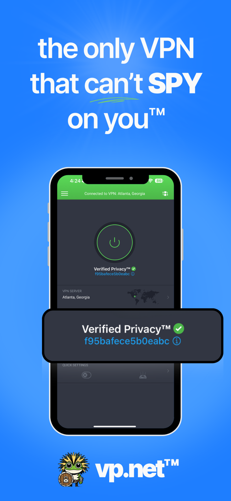 Interfaz de la aplicación móvil VP.NET VPN que muestra una huella dactilar criptográfica de privacidad verificada en un iPhone.