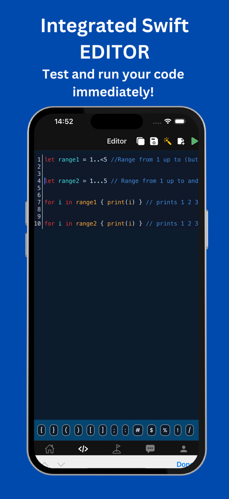 Learn Swift - Swift Playground - 範囲とforループのサンプルコードを含む統合Swiftエディタを表示するモバイル画面。