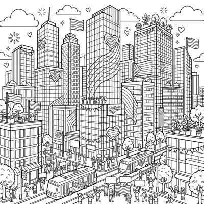 Immerse yourself in a dynamic cityscape where modern glass skyscrapers proudly display symbols of love and diversity. This engaging coloring page captures the joyous spirit of Pride Month amidst a bustling urban celebration.