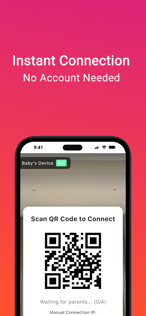 Infantalk Monitor - Infantalk Monitor app screen showing instant connection via QR code without needing an account