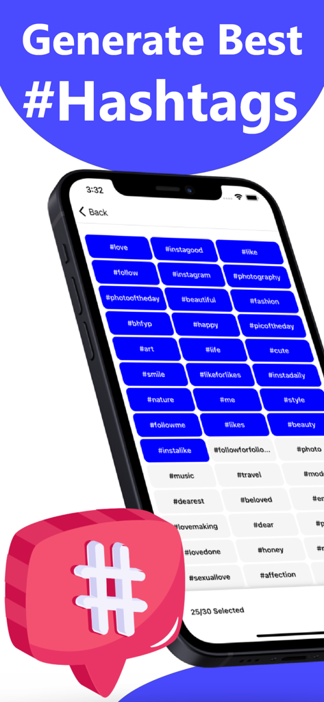 Un'interfaccia dello smartphone che mostra un generatore di hashtag dinamico con tag di tendenza per la crescita dei social media