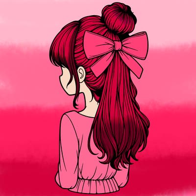 realistic girl  with hip length hair a bun and a big bow on the back of head