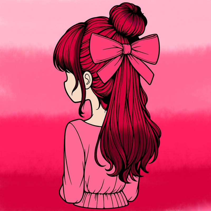 realistic girl  with hip length hair a bun and a big bow on the back of head