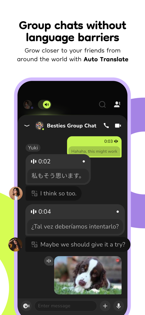 Buz app interface showing a group chat with real time language translation for voice messages.