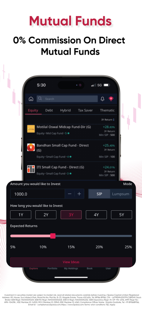 Interface mobile de l'application 5paisa pour les fonds communs de placement directs sans commission et les investissements SIP.