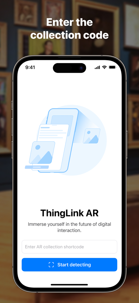 ThingLink AR Viewer - Interfaz de la aplicación ThingLink AR Viewer mostrando la pantalla de entrada del código corto de la colección y un botón de inicio de detección