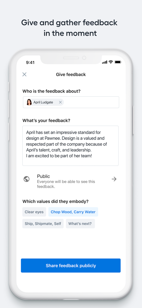 Mobile interface of the Lattice app showing the public feedback and praise feature