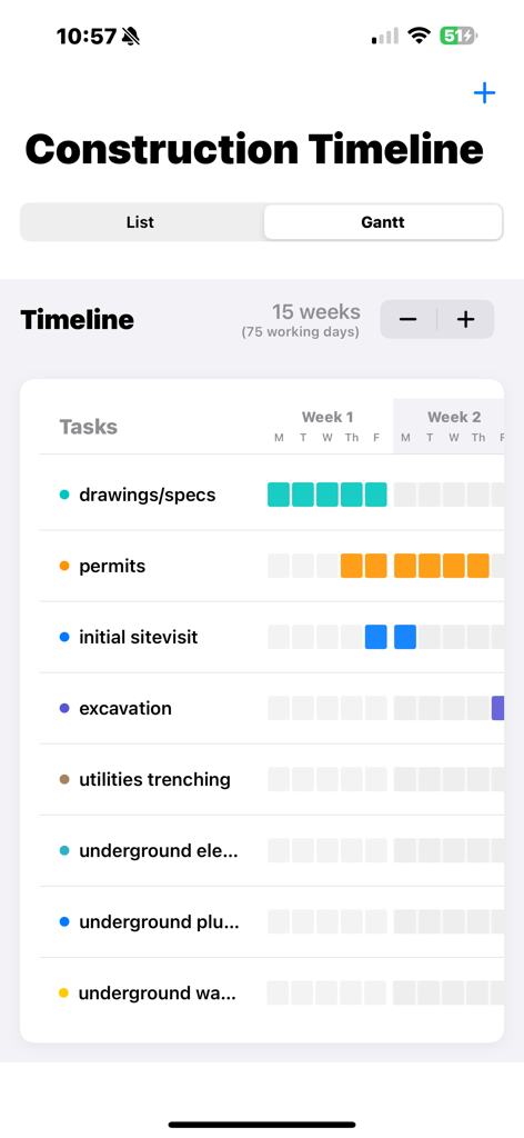 Aplicativo Construction Workflow exibindo uma linha do tempo visual de gráfico de Gantt para tarefas do projeto