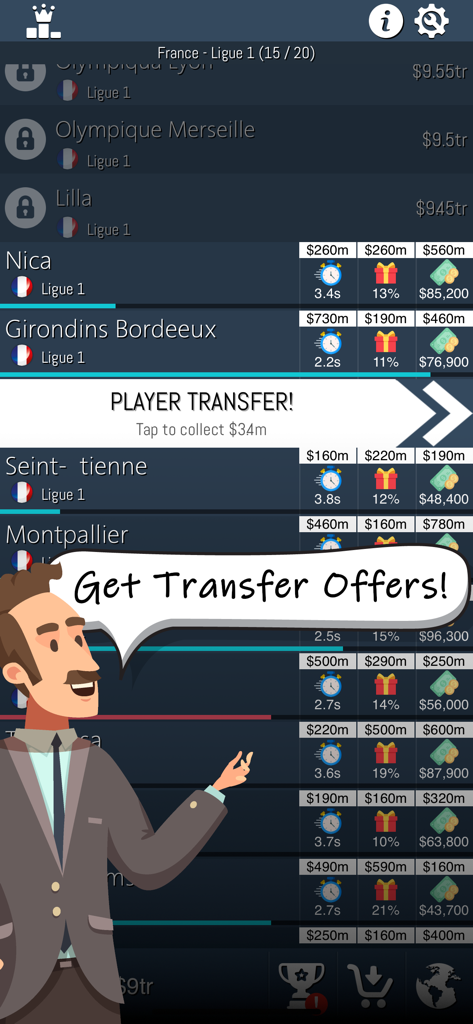 Idle Football Tycoon - Manager character presenting player transfer offers in the Idle Football Tycoon club list.