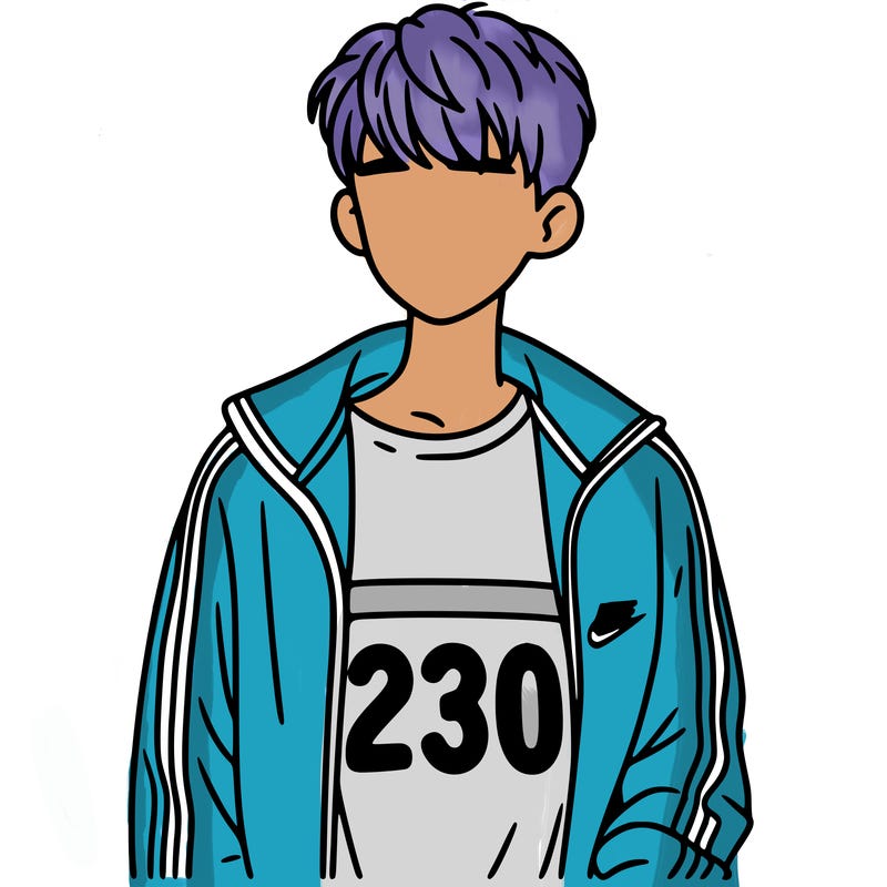 a person with a tracksuit and boy hair with the number 230 on the tracksuit