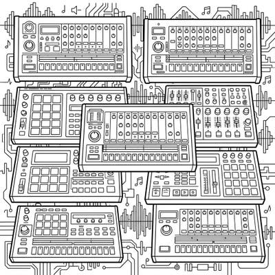Dive into the rhythmic world of electronic music with this incredibly detailed drum machine coloring page. Perfect for music lovers and tech enthusiasts, it offers a creative outlet to color complex circuits and digital instruments.