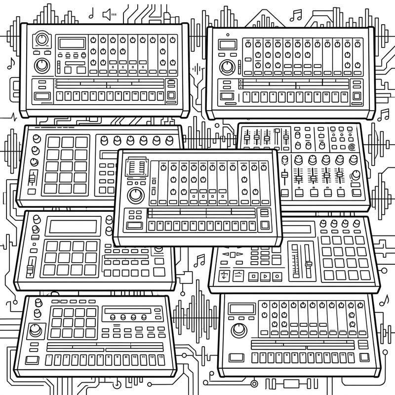 Dive into the rhythmic world of electronic music with this incredibly detailed drum machine coloring page. Perfect for music lovers and tech enthusiasts, it offers a creative outlet to color complex circuits and digital instruments.