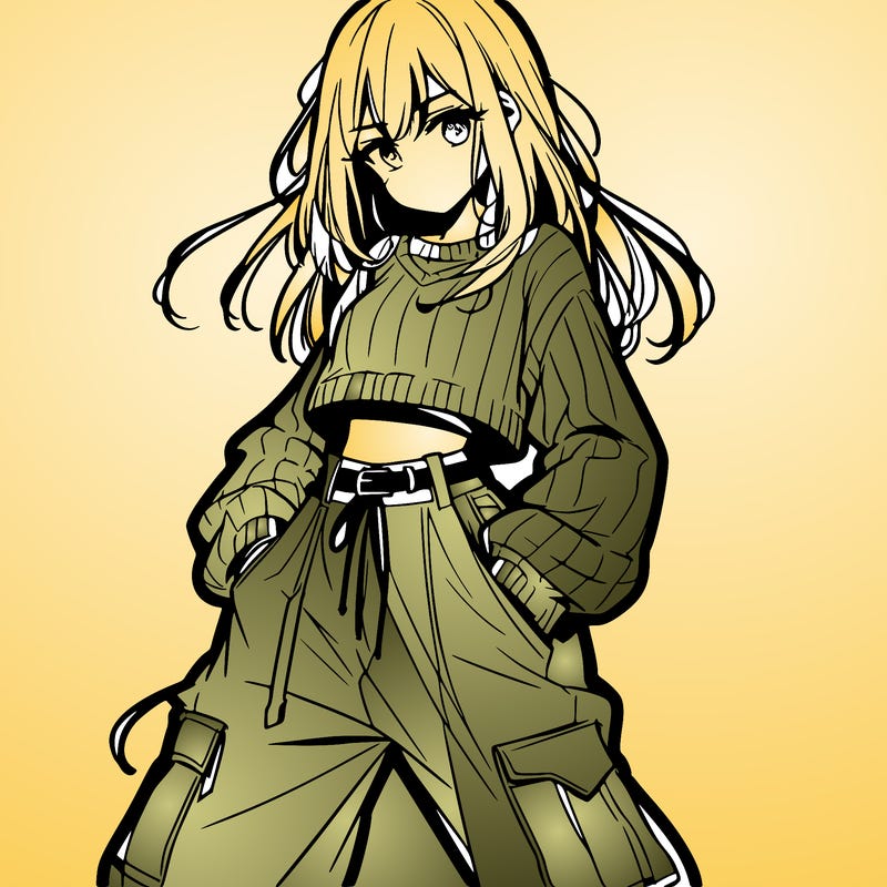 anime teen girl with baggy pants and crop top with sweater