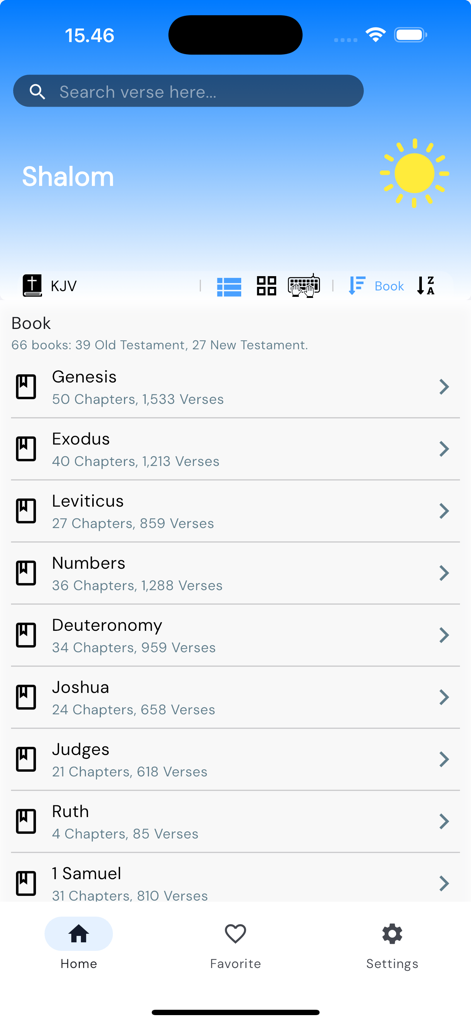 BibleNow!: Alkitab Offline - BibleNow app home screen showing a list of Bible books from the King James Version with a search bar and bottom navigation.