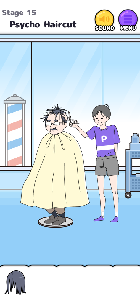 サイコボーイが理髪店で男性に散髪をしている様子。