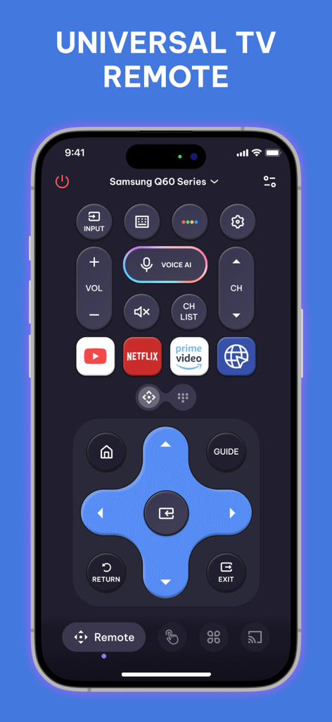 Universal TV Remote Voice AI - Interfaz de la aplicación Control Remoto Universal TV Voz IA en un smartphone con botones de control por voz y accesos directos de streaming