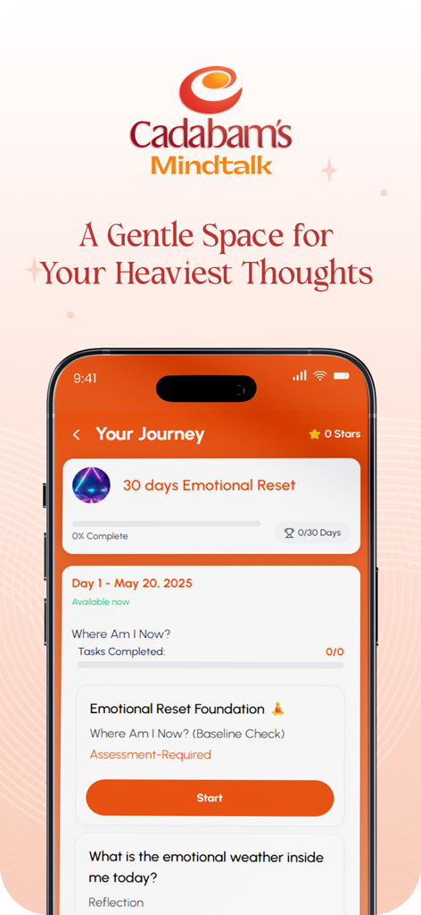 Cadabams Mindtalk app interface displaying a 30 day emotional reset journey and mental health assessment