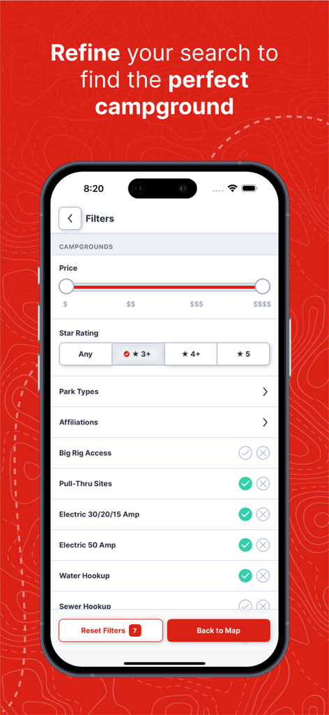 RV LIFE app interface showing campground search filters for price star rating and amenities like hookups