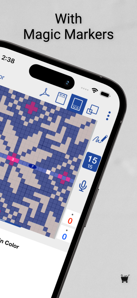 Interfaccia dell'app knitCompanion che mostra i marcatori magici su uno schema di maglia digitale