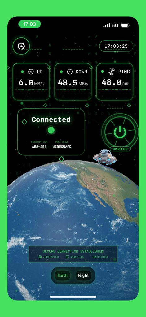 BearVPN app interface showing a secure connection status with speed metrics and a 3D Earth visualization.