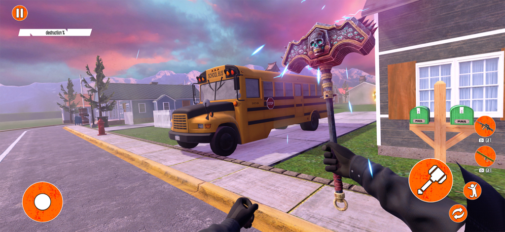 First-person view of a destruction simulator game featuring a glowing skull hammer held by a player in front of a school bus