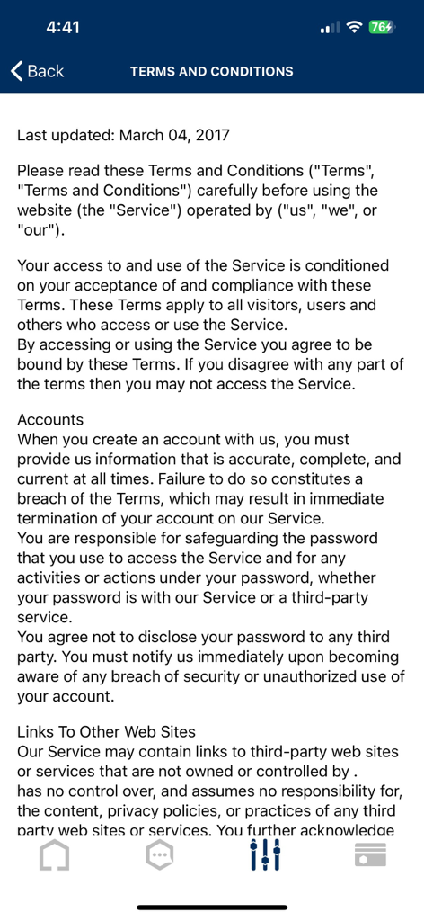 Captura de pantalla de la pantalla de Términos y Condiciones en la aplicación móvil Premier Wear
