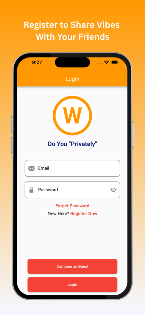 WeweVibe - Local Vibe Finder - Login screen of WeweVibe app featuring email and password inputs and a guest login option