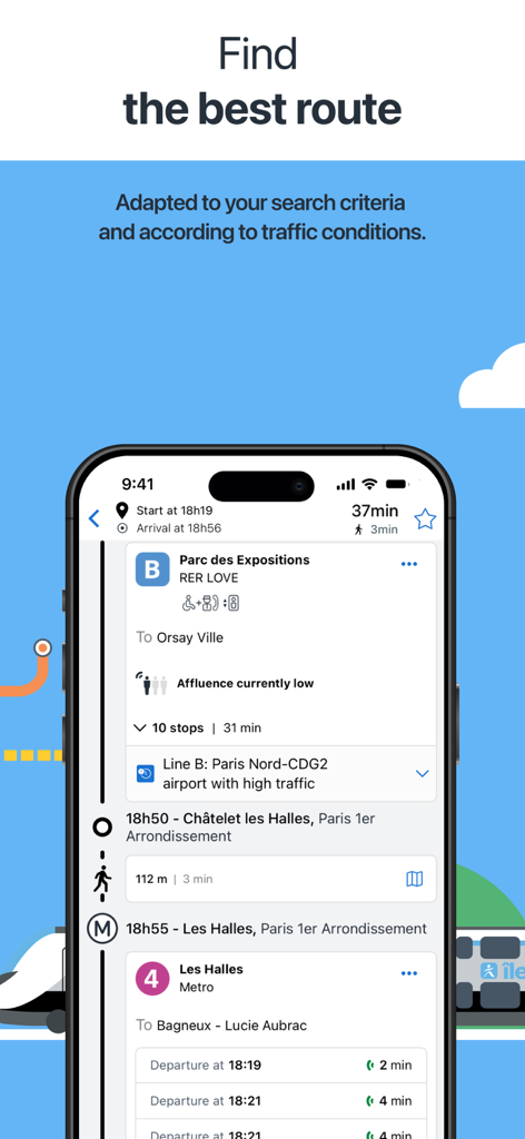 Île-de-France Mobilités - Route planning screen of the Ile-de-France Mobilites app showing transit directions and real-time traffic in Paris