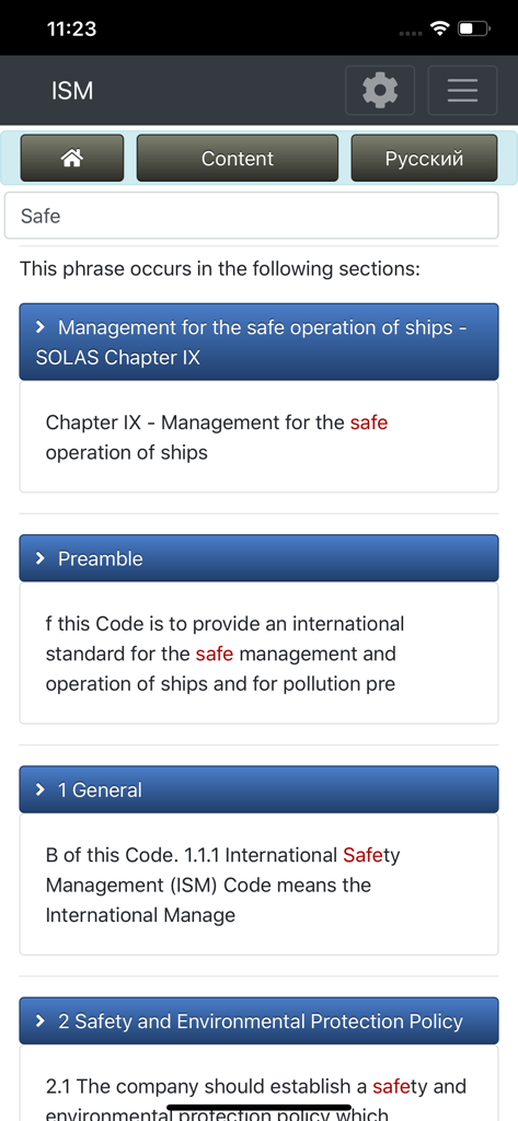 Resultados de búsqueda de la palabra clave 'safe' en la aplicación de gestión de seguridad marítima cMate-ISM que muestran secciones del Código ISM.