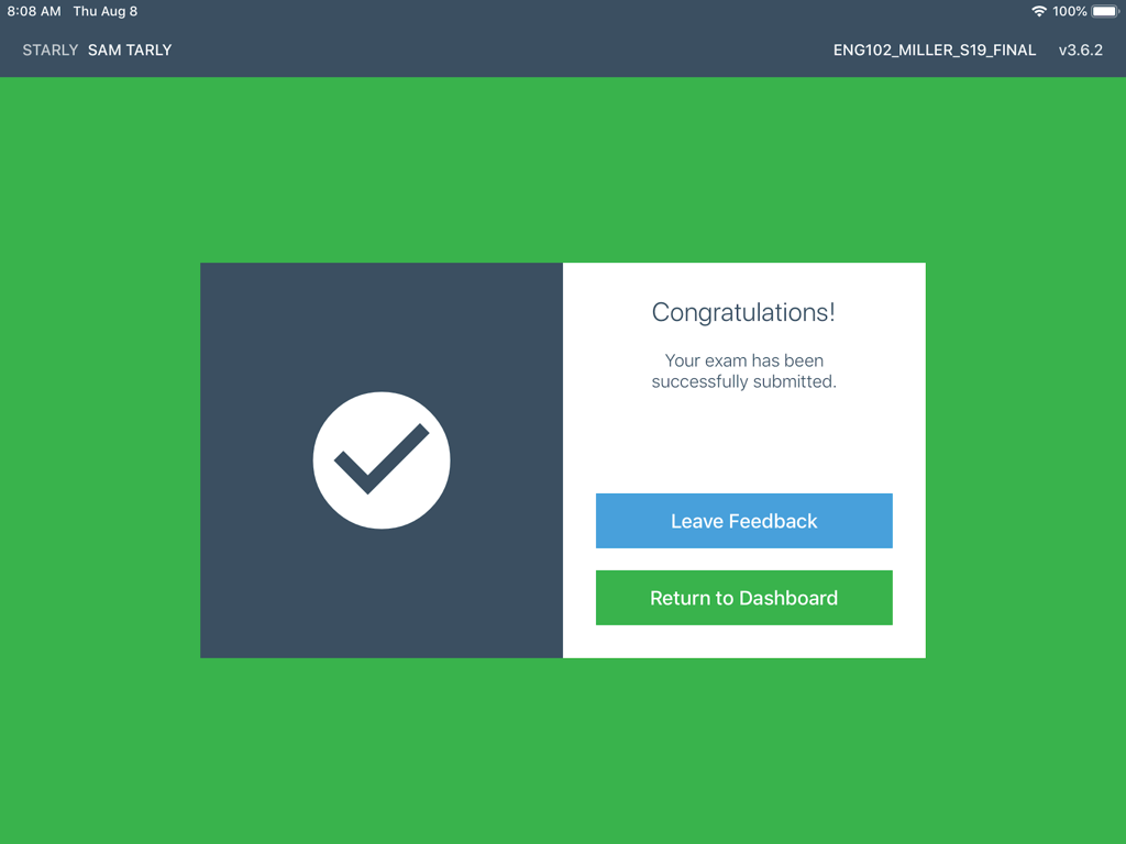 Examplify confirmation screen with a success message for a submitted exam