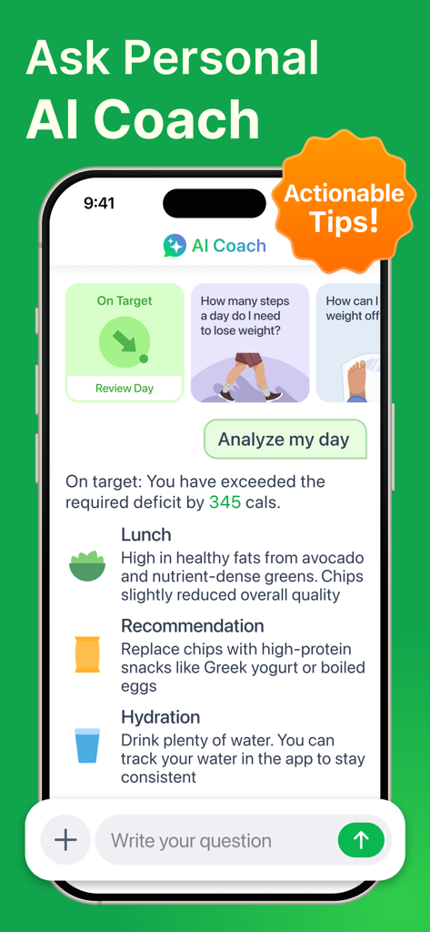PlateAI - MyNetDiary AI Coach - PlateAI app interface showing a personal AI coach providing actionable nutrition tips and meal analysis