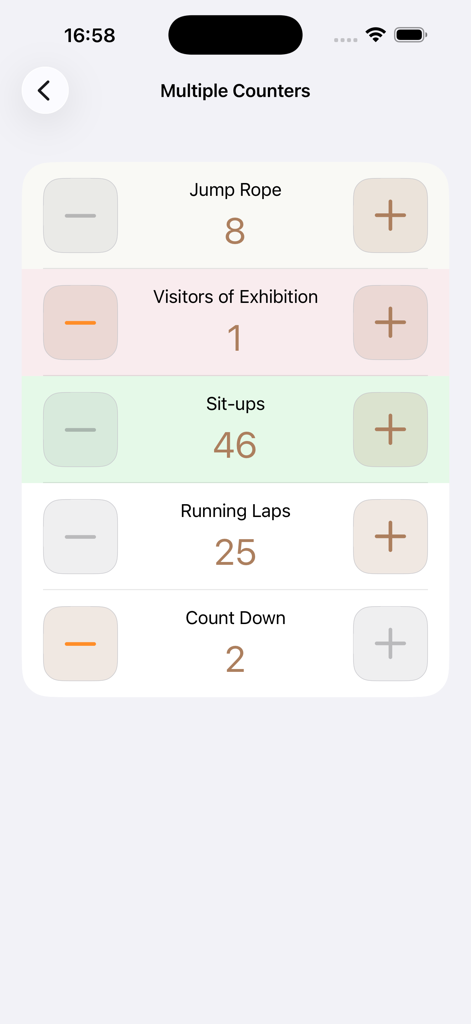 Nombri (Tally Counter) - A mobile interface displaying multiple active tally counters for tracking jump rope, exhibition visitors, sit-ups, and running laps