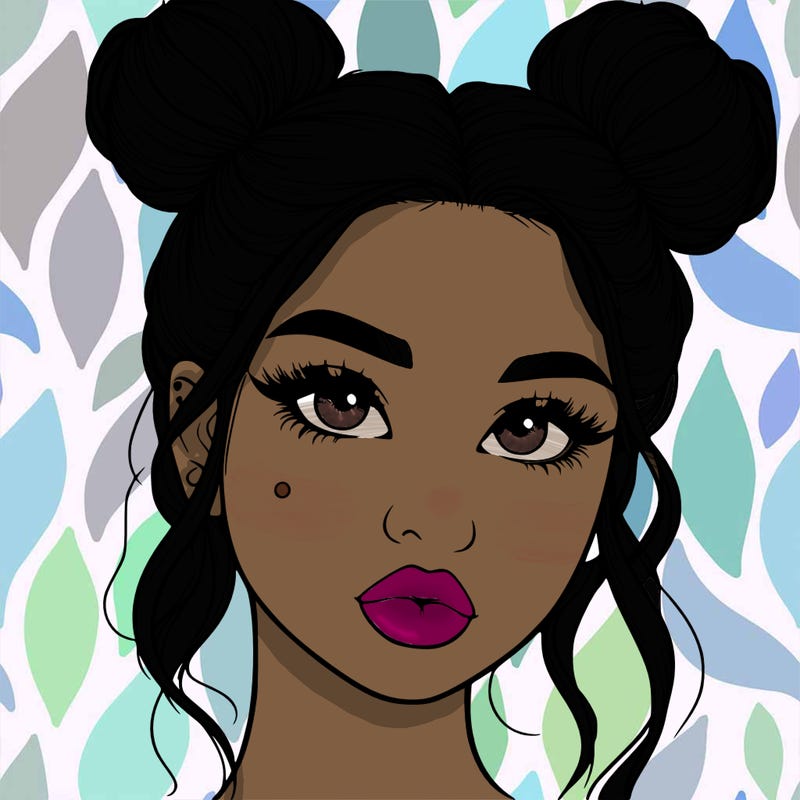 realistic girl with two buns on her hair and lips