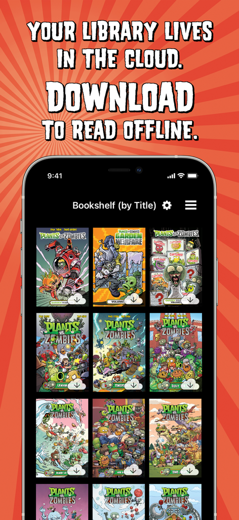 Digital bookshelf in the Plants vs Zombies Comics app showing various comic covers and a call to action to download for offline reading.