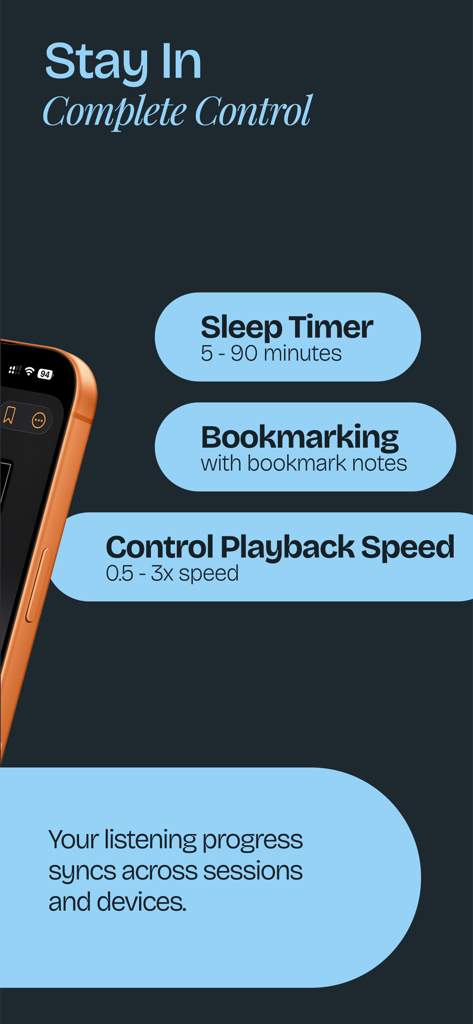 Audiory: Audiobook Player - Audioryアプリのスクリーンショット。スリープタイマー、ブックマーク、再生速度コントロールが表示されています