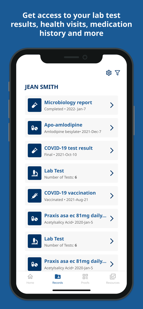 Health Gateway app interface displaying a list of medical records including lab results and medication history