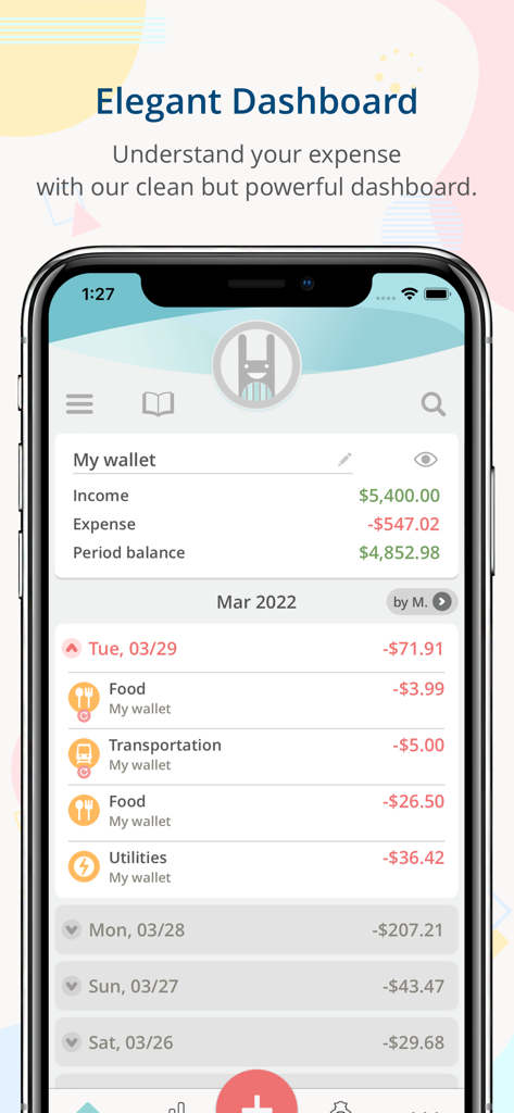 Monny - Smartphone displaying the Monny app elegant dashboard with income and expense tracking summary