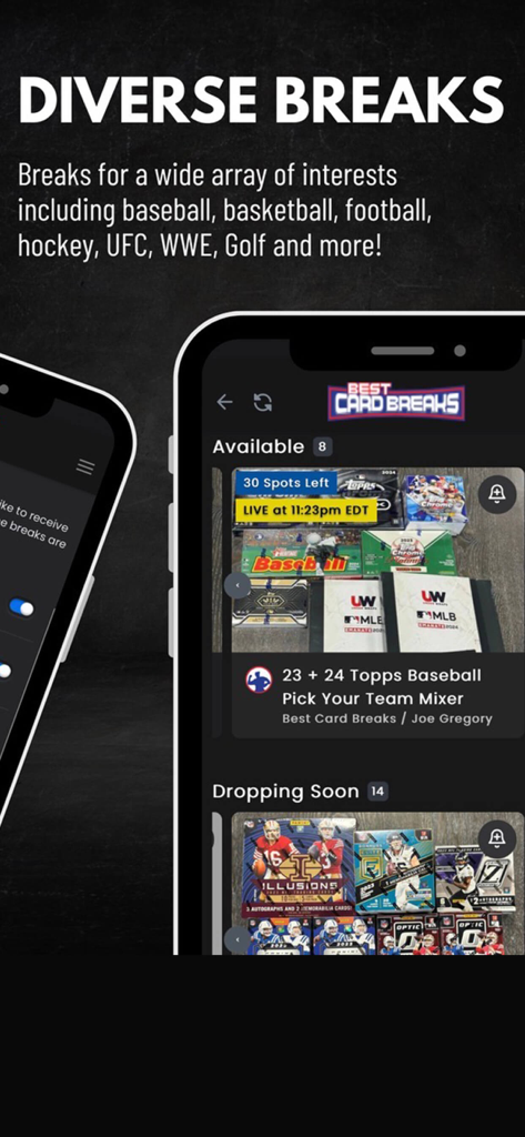 Best Card Breaks - Best Card Breaks app marketplace showing available baseball and football card breaks