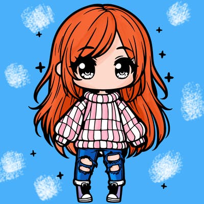 chibi girl with ripped jeans,long hair, and an oversized sweater